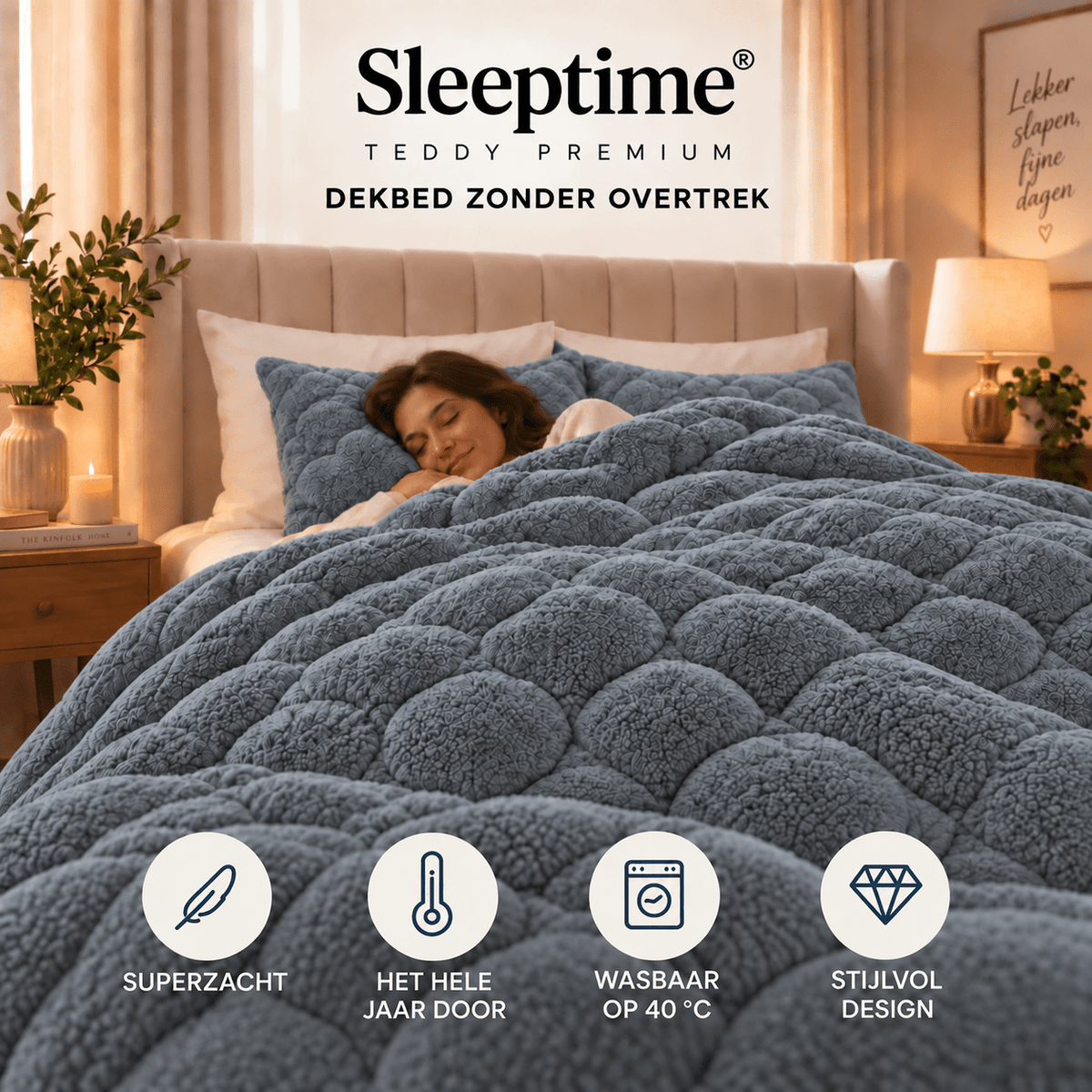 Dekbed en Overtrek in 1 – Zacht Teddy Dekbed – Antraciet – Sleeptime - Dromen & Wonen