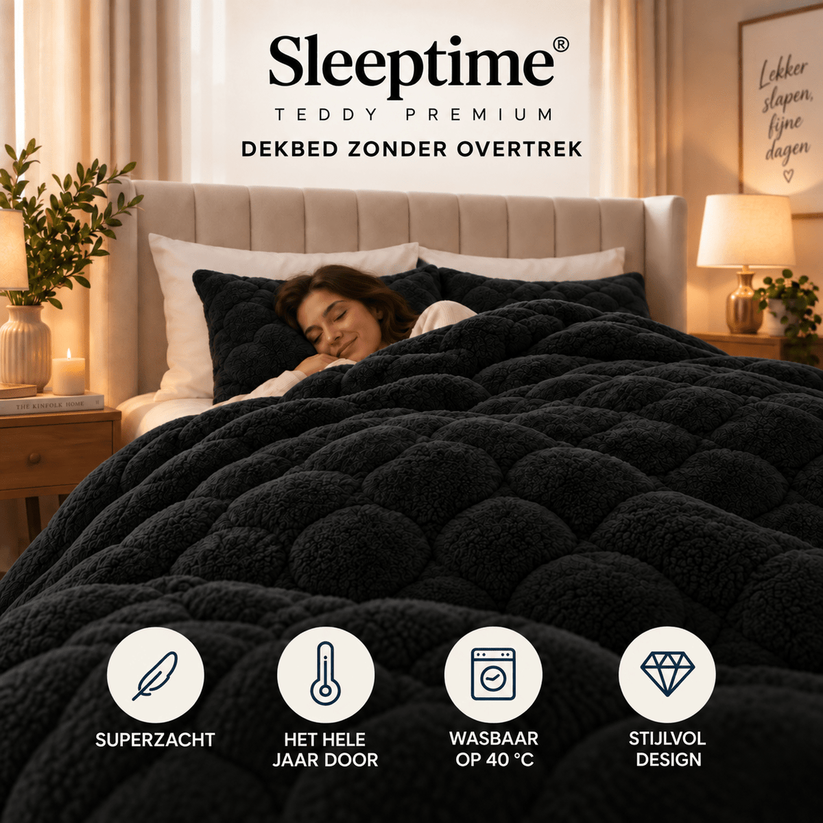 Dekbed en Overtrek in 1 – Zacht Teddy Dekbed – Zwart – Sleeptime - Dromen & Wonen