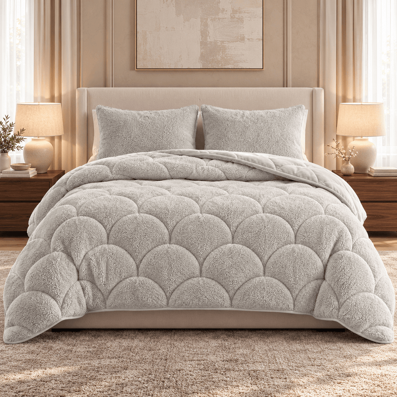 Beige Teddy Velvet dekbed zonder overtrek op een opgemaakt bed
