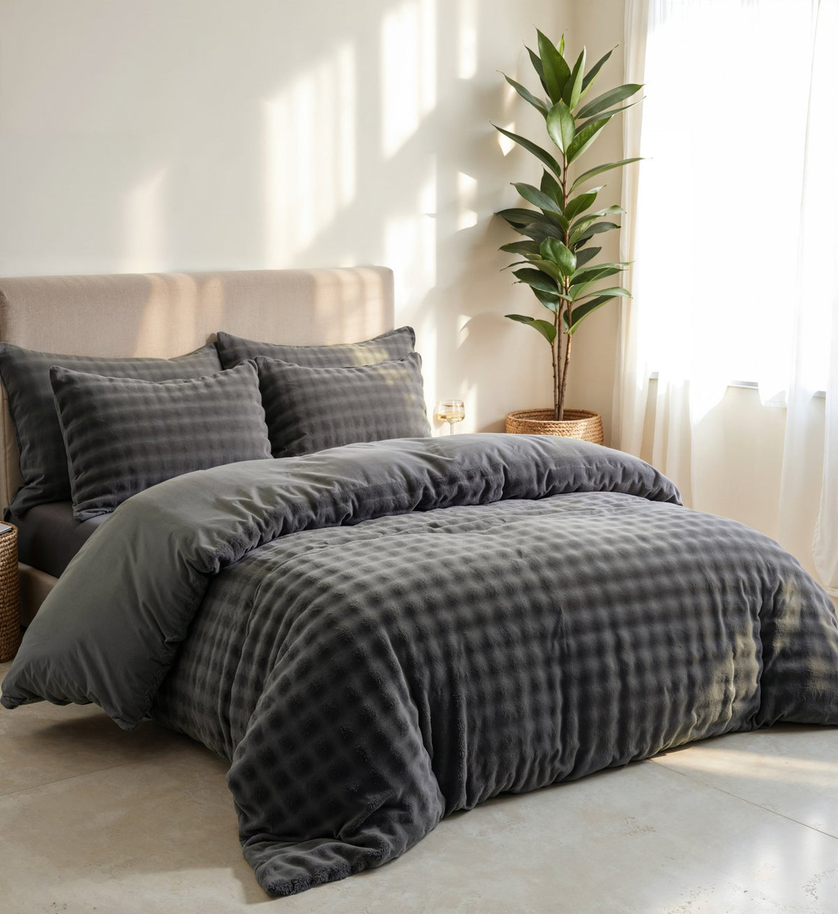 Flanel Dekbedovertrek Antraciet – Pom Pom – Warm & Zacht met Kussenslopen – Sleeptime - Dromen & Wonen