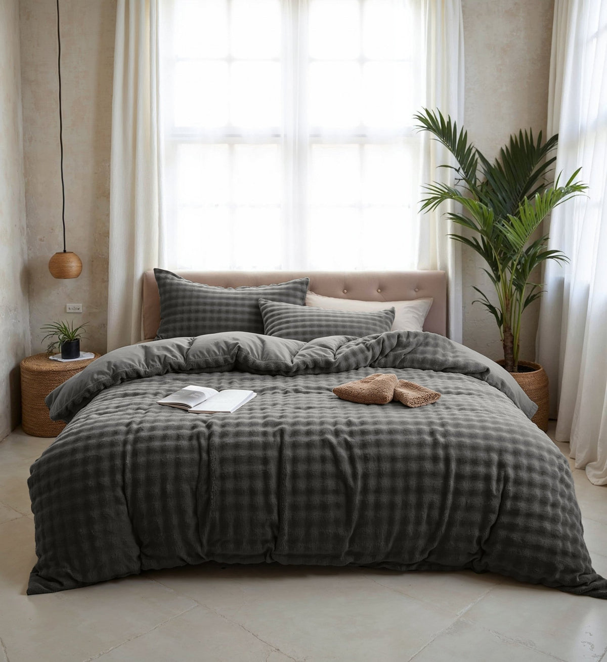 Flanel Dekbedovertrek Antraciet – Pom Pom – Warm & Zacht met Kussenslopen – Sleeptime - Dromen & Wonen