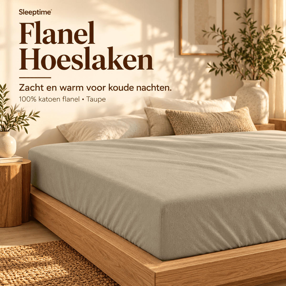 Hoeslaken Flanel – 100% Katoen, Warm & Zacht – Taupe – Sleeptime - Dromen & Wonen