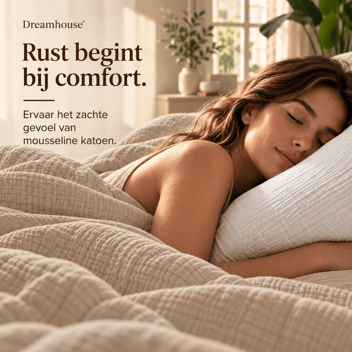 Hoeslaken Mousseline Katoen – Zacht & Ademend – Nude – Dreamhouse - Dromen & Wonen