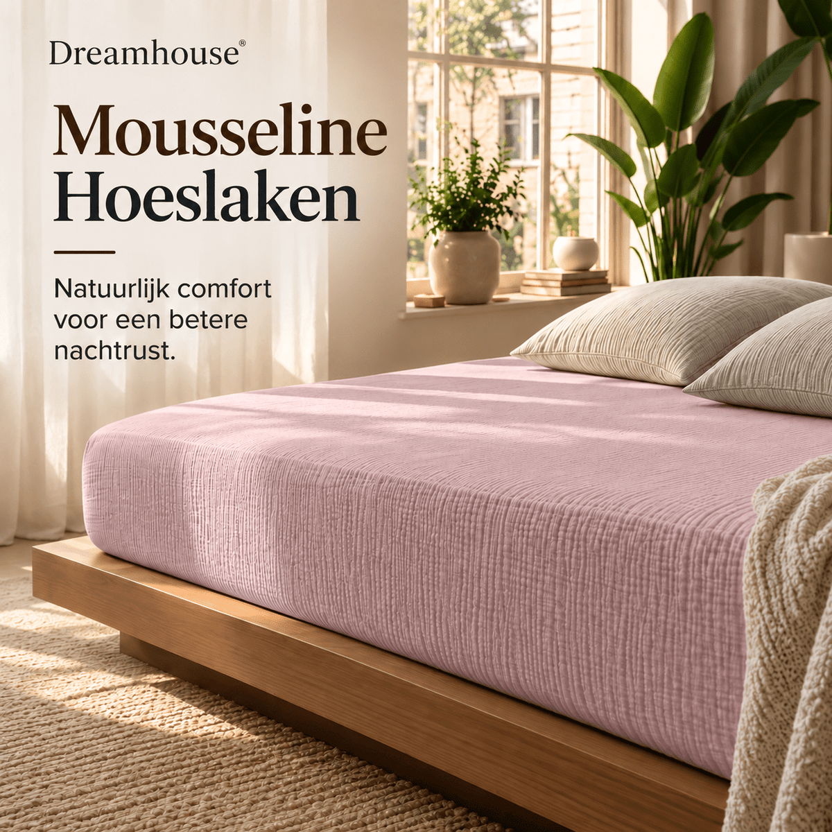 Hoeslaken Mousseline Katoen – Zacht & Ademend – Roze – Dreamhouse - Dromen & Wonen