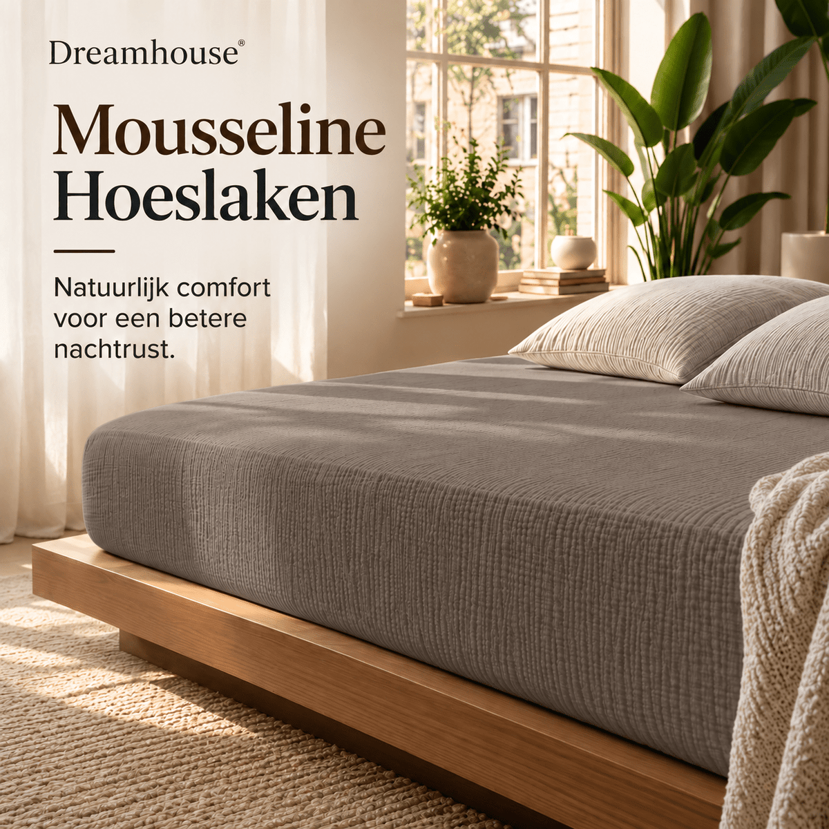 Hoeslaken Mousseline Katoen – Zacht & Ademend – Taupe – Dreamhouse - Dromen & Wonen