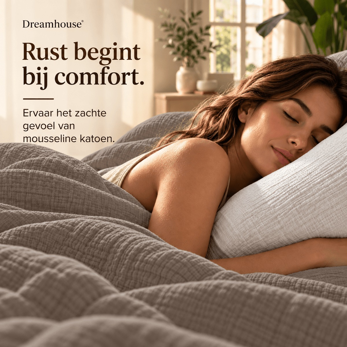 Hoeslaken Mousseline Katoen – Zacht & Ademend – Taupe – Dreamhouse - Dromen & Wonen