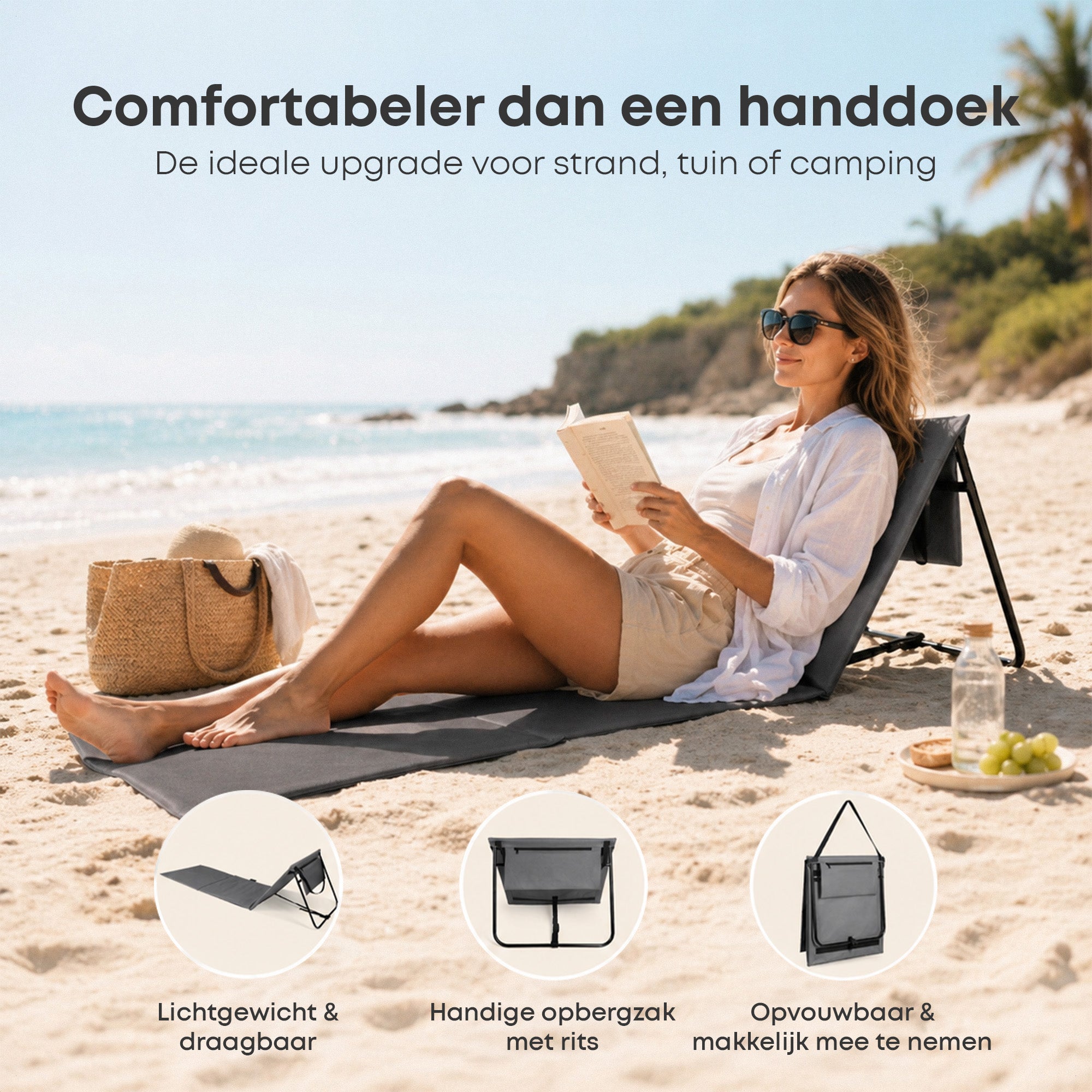 Deuba Strandmat, gewatteerd, hoofdkussen, opvouwbaar, verstelbare rugleuning, opbergvak, badmat, slaapmat, strandlaken, blauw