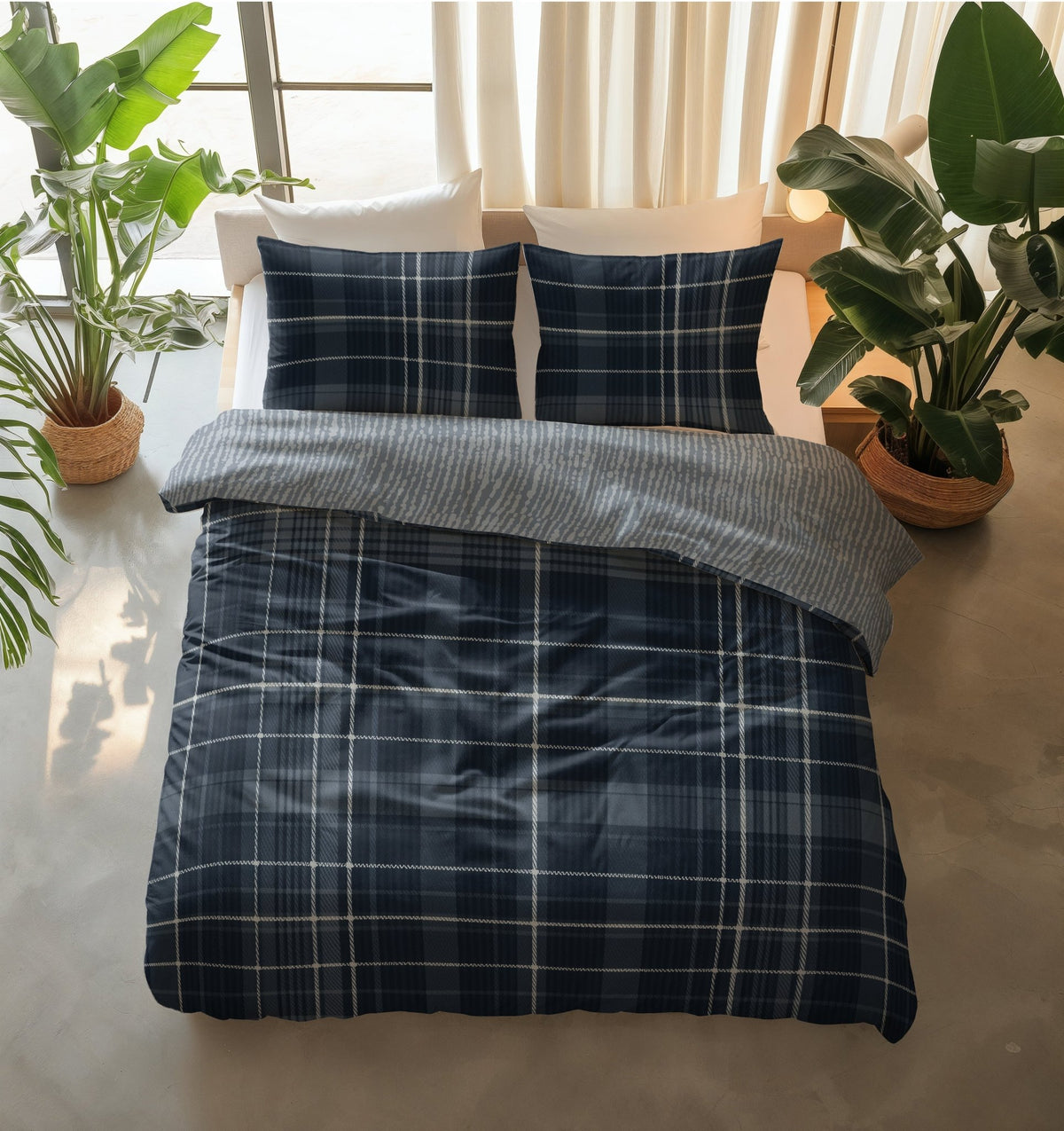 Katoen Flanel Dekbedovertrek Donkerblauw – Dunmore – Warm & Zacht met Kussenslopen – Dreamhouse - Dromen & Wonen