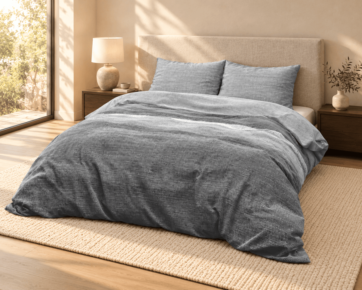 Katoen Flanel Dekbedovertrek Grijs – Stone Stripe – Warm & Zacht met Kussenslopen – Sleeptime - Dromen & Wonen
