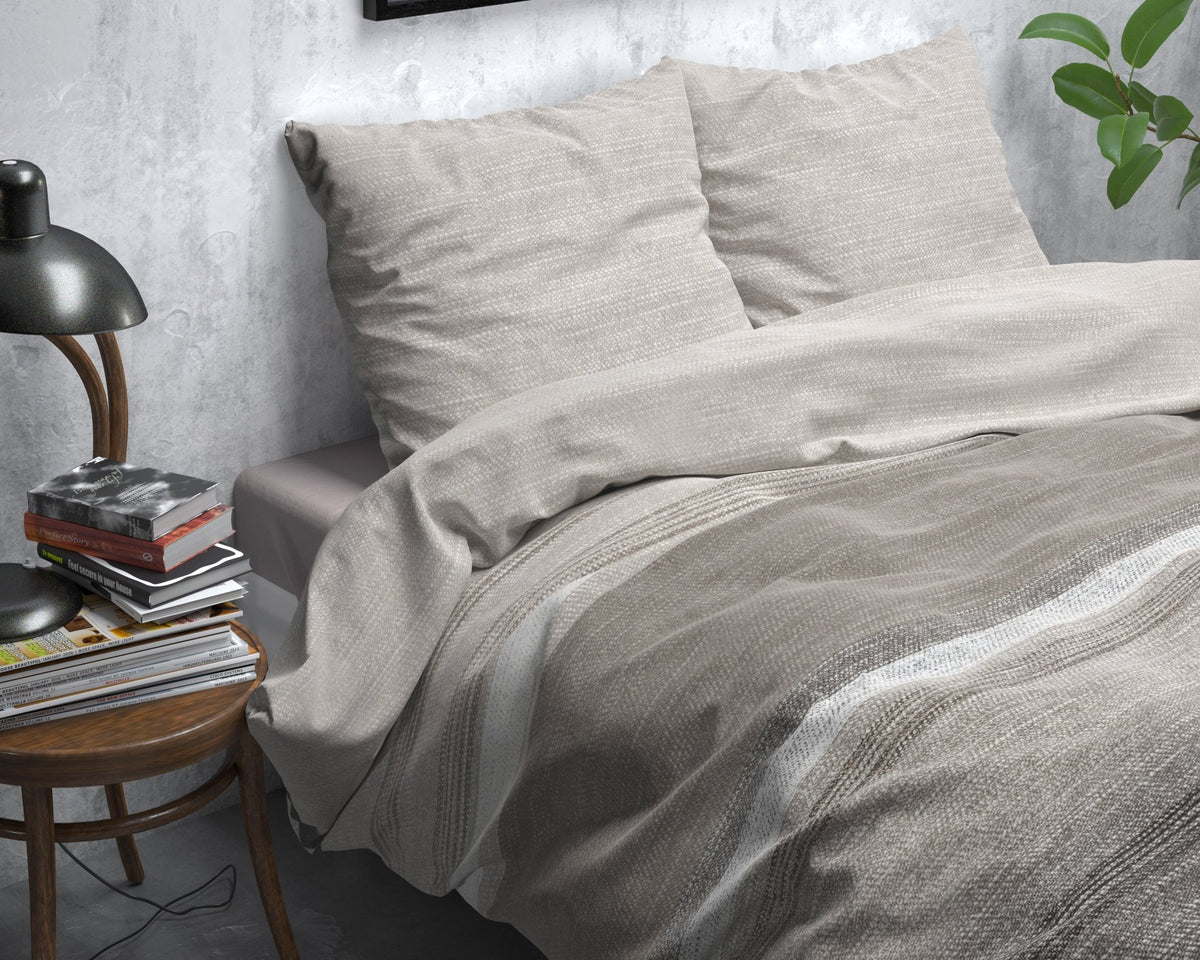 Katoen Flanel Dekbedovertrek Taupe – Stone Stripe – Warm & Zacht met Kussenslopen – Sleeptime - Dromen & Wonen