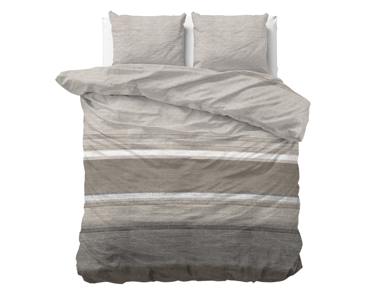 Katoen Flanel Dekbedovertrek Taupe – Stone Stripe – Warm & Zacht met Kussenslopen – Sleeptime - Dromen & Wonen