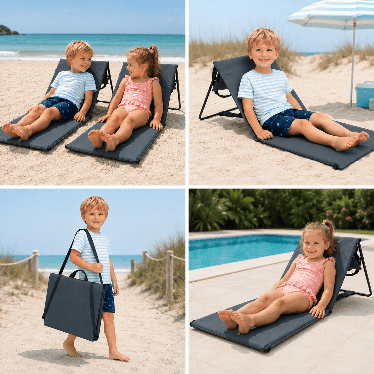 Kinder Strandmat met Verstelbare Rugleuning – Opvouwbare Ligmat met Draaghandvat – Grijs – 1-Pack of 2-Pack - Dromen & Wonen
