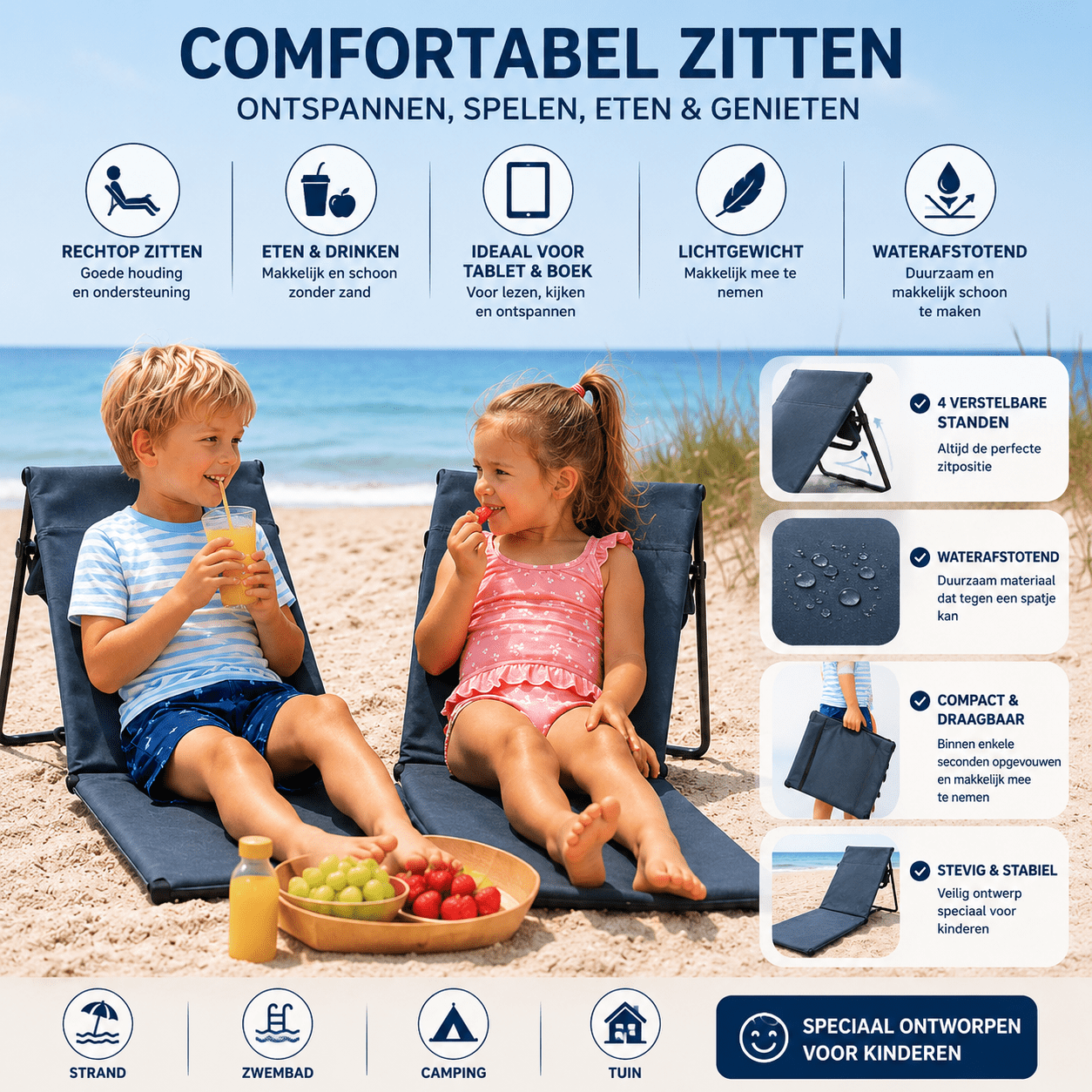 Kinder Strandmat met Verstelbare Rugleuning – Opvouwbare Ligmat met Draaghandvat – Grijs – 1-Pack of 2-Pack - Dromen & Wonen