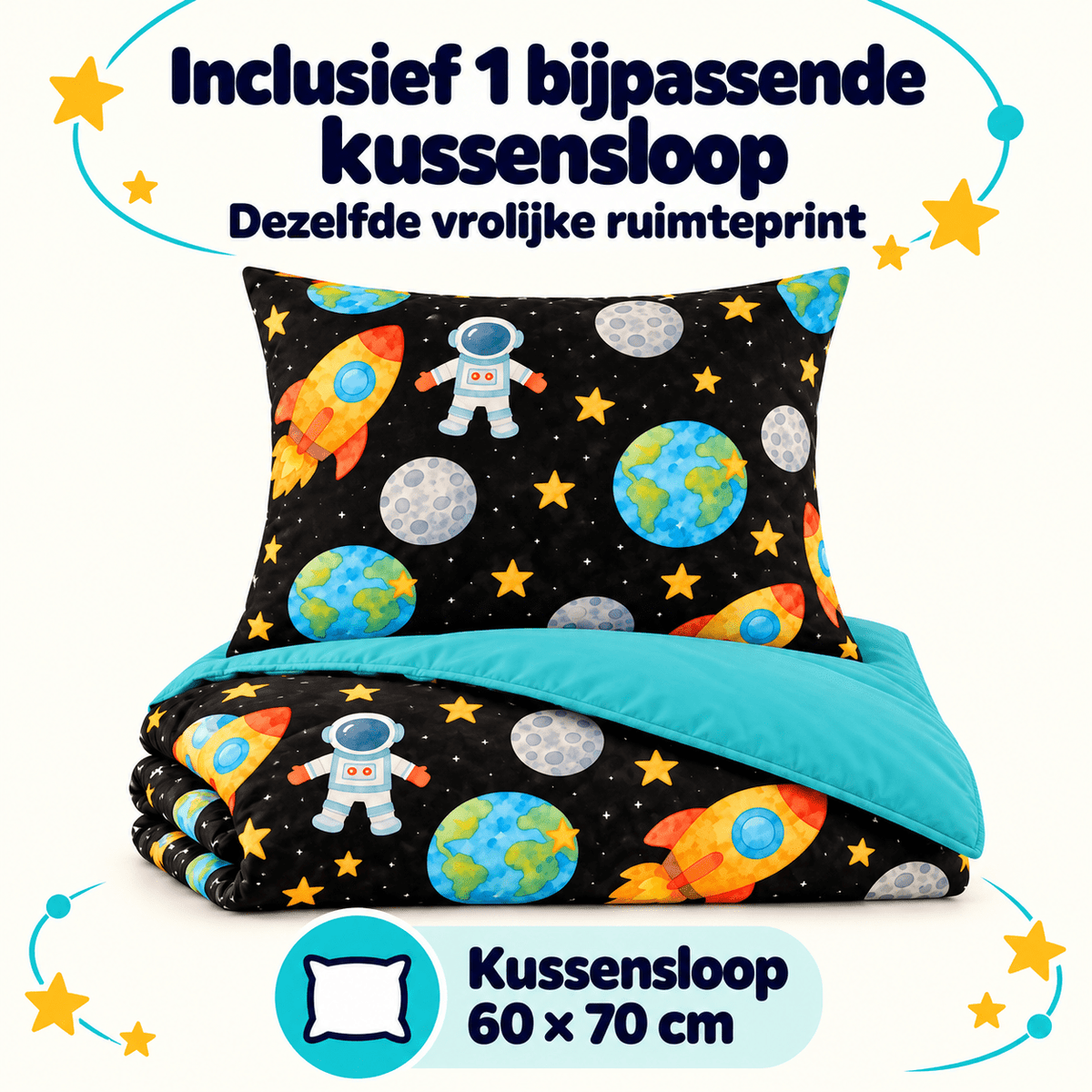 Kinderdekbed en Overtrek in 1 – Astronaut Zwart – 140 x 200 cm met Kussensloop – Sleeptime - Dromen & Wonen