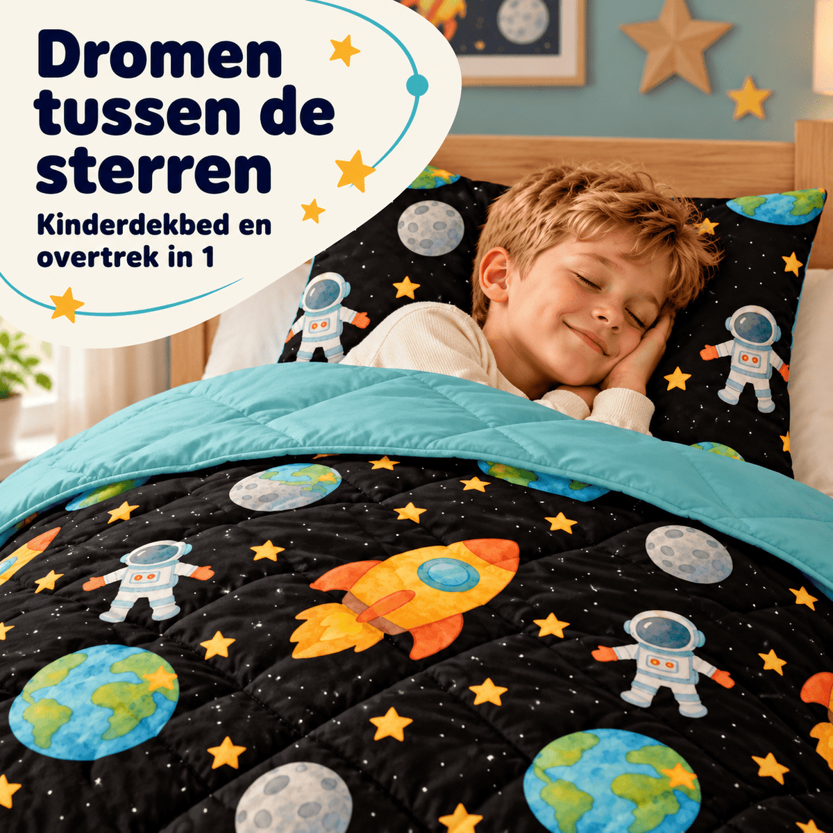 Kinderdekbed en Overtrek in 1 – Astronaut Zwart – 140 x 200 cm met Kussensloop – Sleeptime - Dromen & Wonen