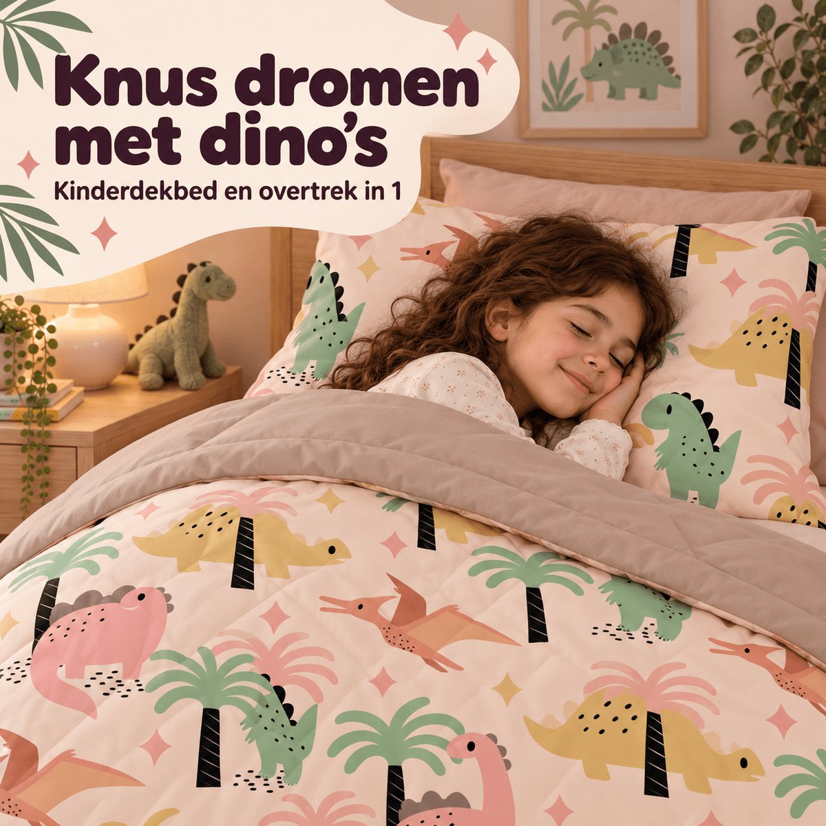 Kinderdekbed en Overtrek in 1 – Dino Zand – 140 x 200 cm met Kussensloop – Sleeptime - Dromen & Wonen