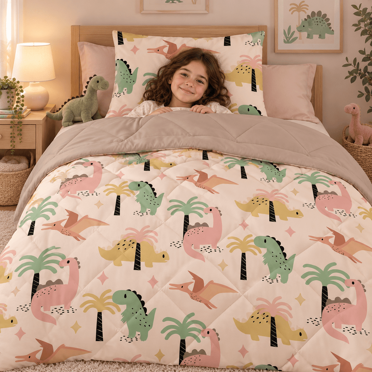 Kinderdekbed en Overtrek in 1 – Dino Zand – 140 x 200 cm met Kussensloop – Sleeptime - Dromen & Wonen