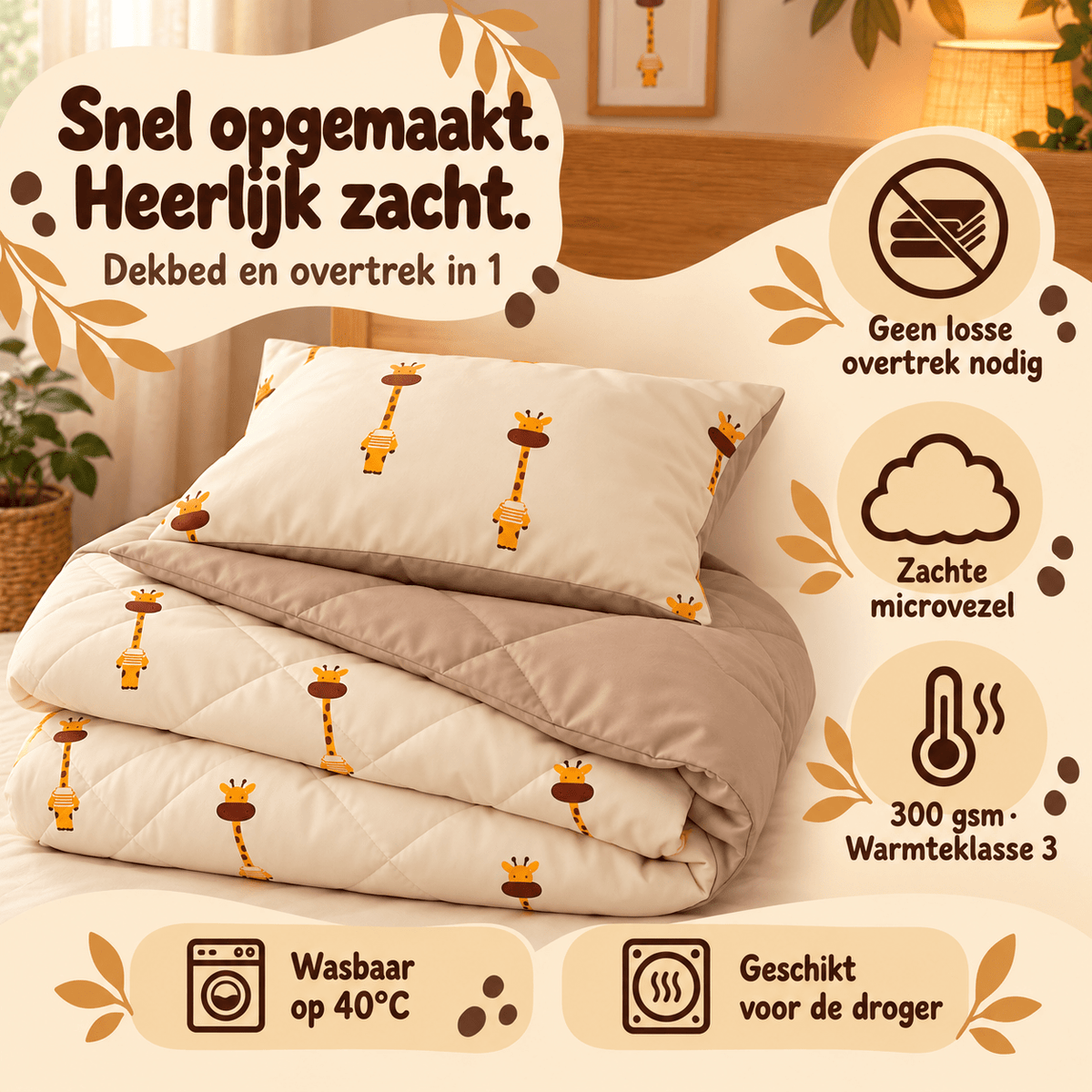 Kinderdekbed en Overtrek in 1 – Giraf Beige – 140 x 200 cm met Kussensloop – Sleeptime - Dromen & Wonen