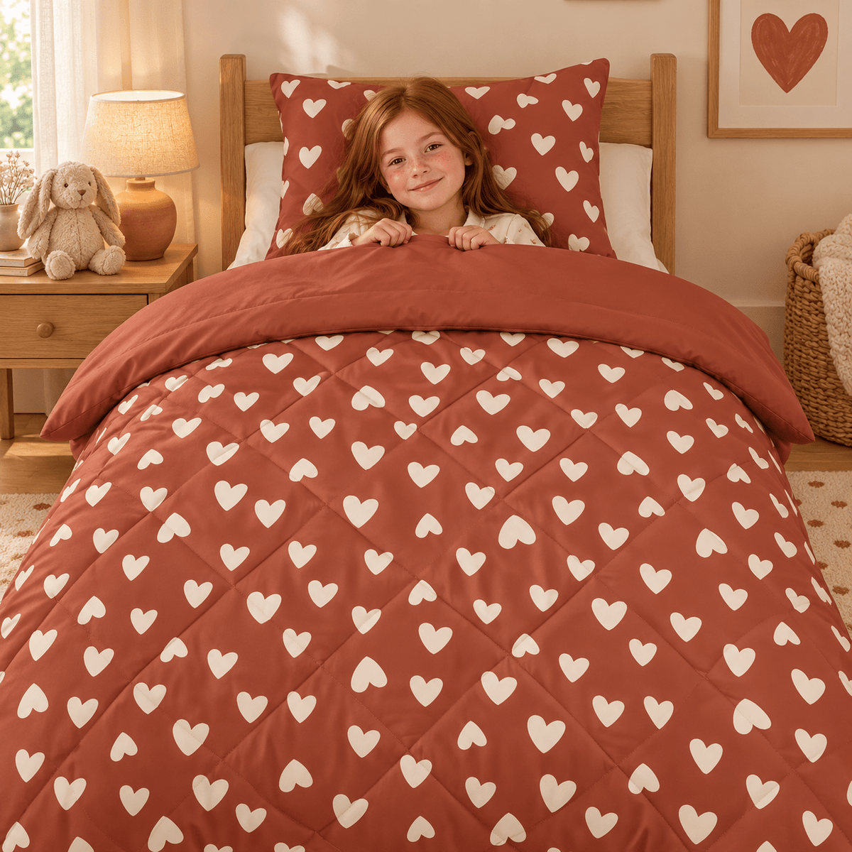 Kinderdekbed en Overtrek in 1 – Hartjes Rood – 140 x 200 cm met Kussensloop – Sleeptime - Dromen & Wonen