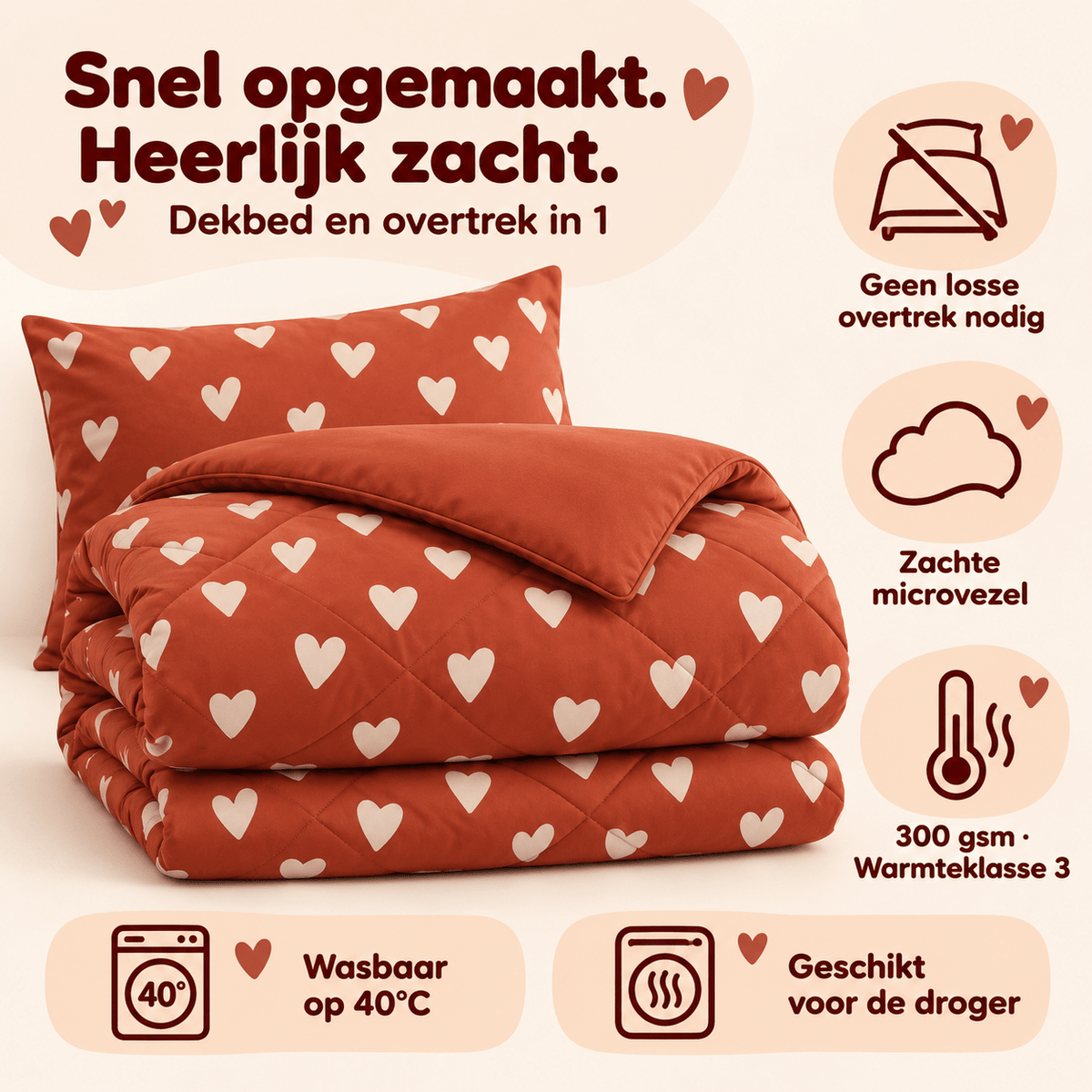 Kinderdekbed en Overtrek in 1 – Hartjes Rood – 140 x 200 cm met Kussensloop – Sleeptime - Dromen & Wonen