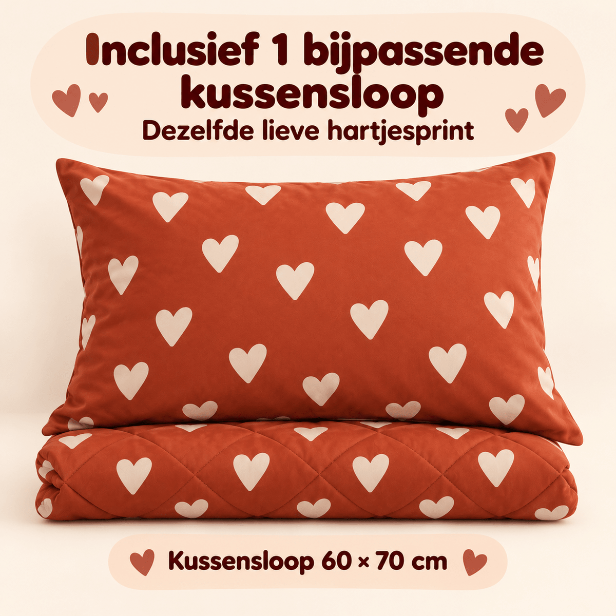 Kinderdekbed en Overtrek in 1 – Hartjes Rood – 140 x 200 cm met Kussensloop – Sleeptime - Dromen & Wonen