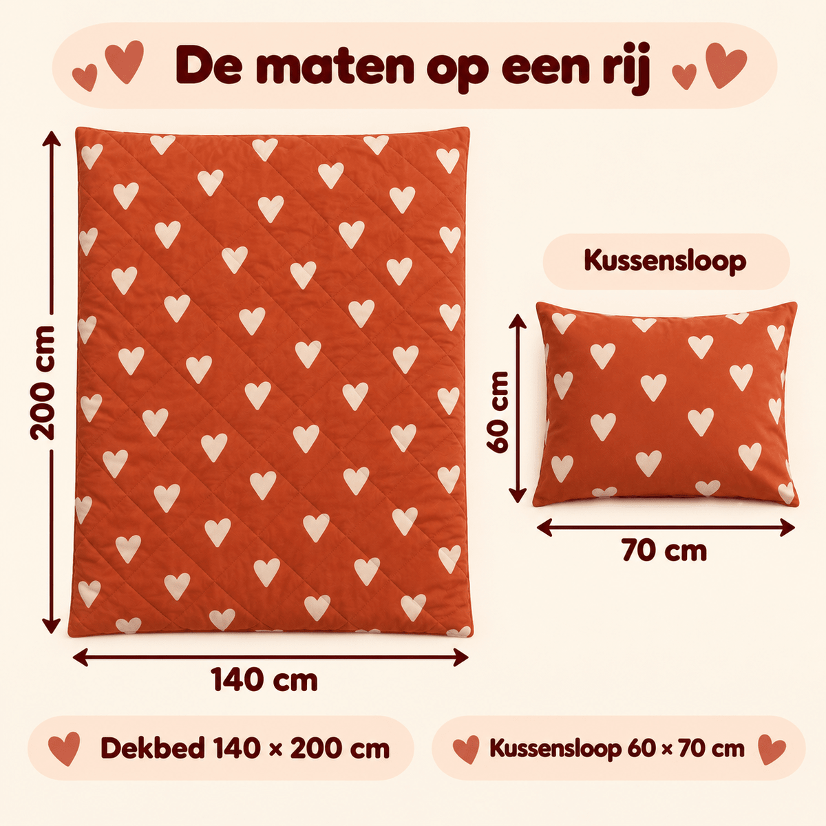 Kinderdekbed en Overtrek in 1 – Hartjes Rood – 140 x 200 cm met Kussensloop – Sleeptime - Dromen & Wonen