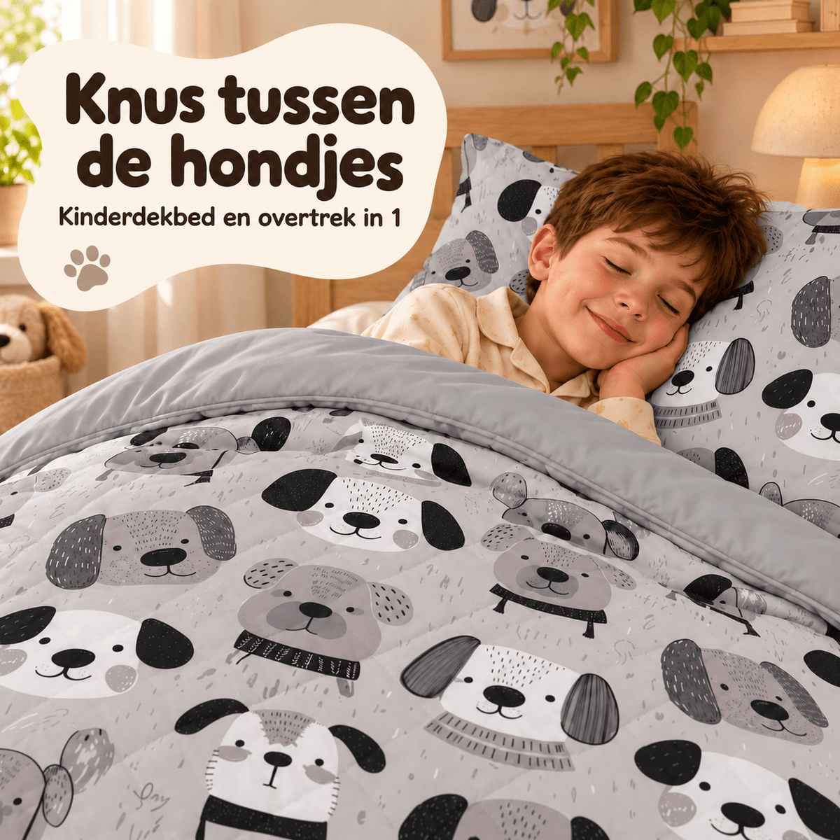 Kinderdekbed en Overtrek in 1 – Hondjes Grijs – 140 x 200 cm met Kussensloop – Sleeptime - Dromen & Wonen