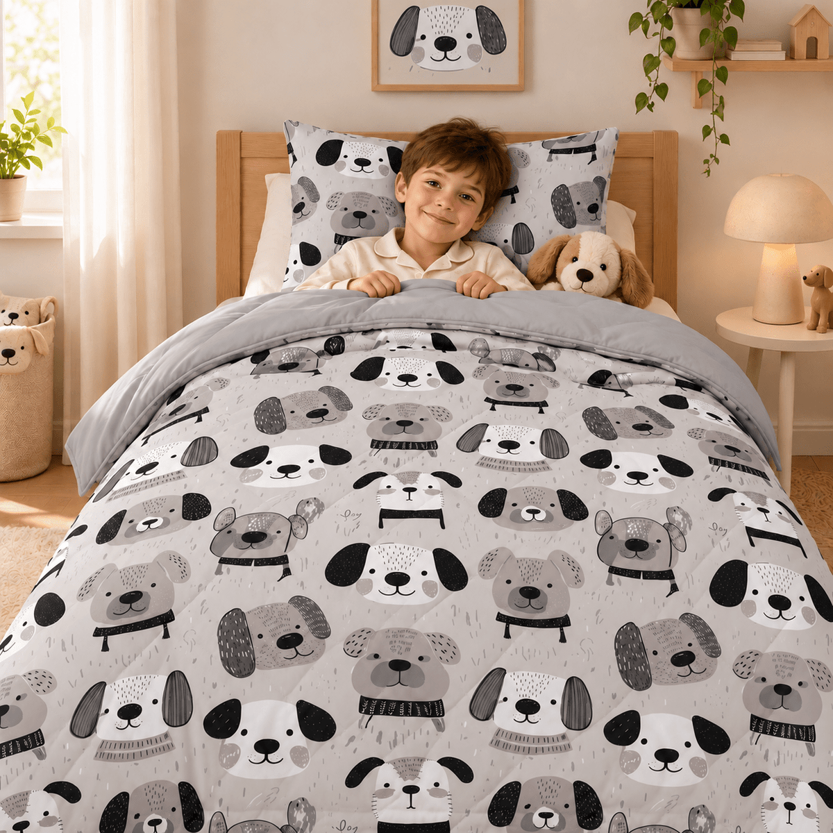Kinderdekbed en Overtrek in 1 – Hondjes Grijs – 140 x 200 cm met Kussensloop – Sleeptime - Dromen & Wonen