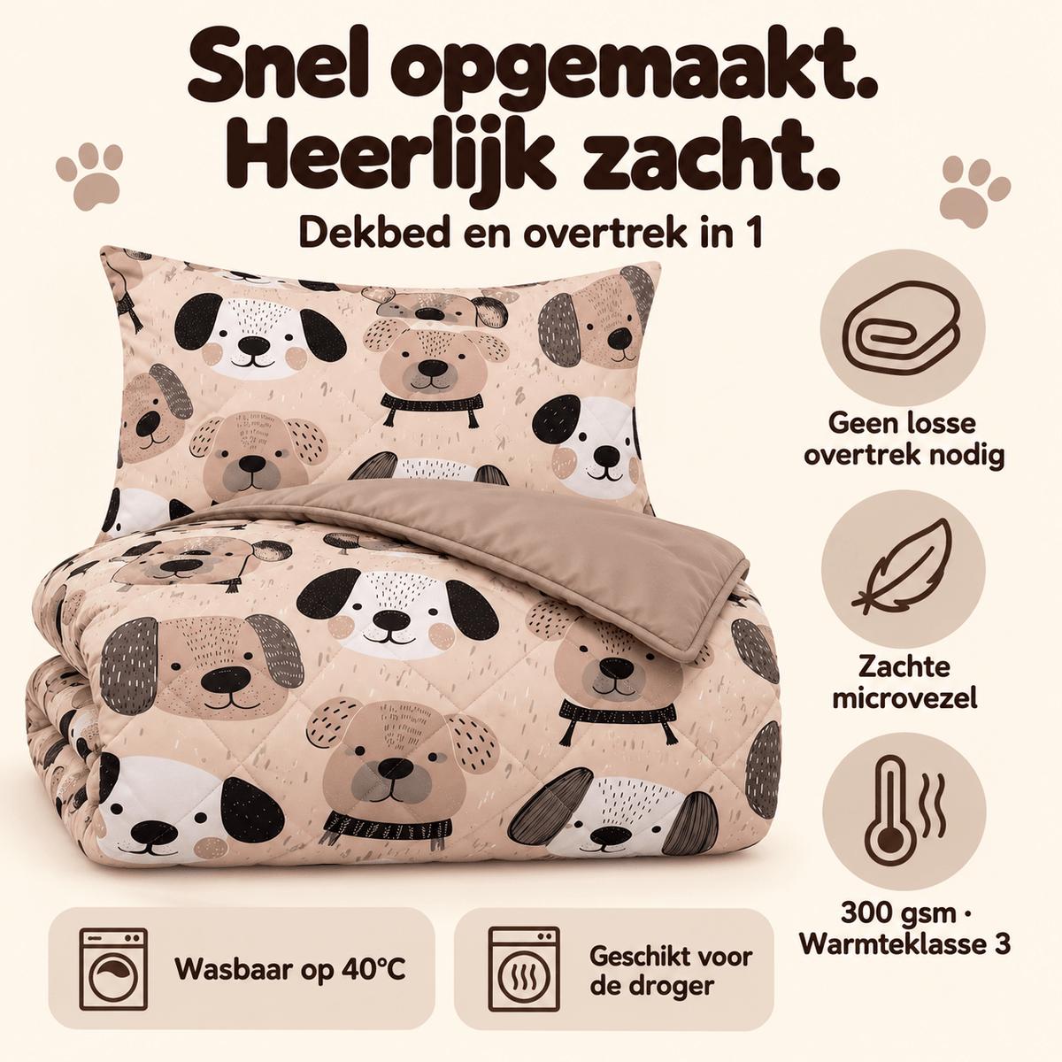 Kinderdekbed en Overtrek in 1 – Hondjes Taupe – 140 x 200 cm met Kussensloop – Sleeptime - Dromen & Wonen