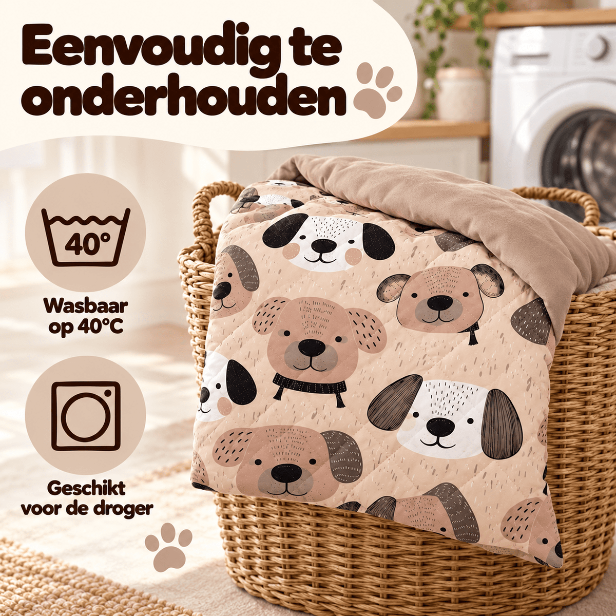 Kinderdekbed en Overtrek in 1 – Hondjes Taupe – 140 x 200 cm met Kussensloop – Sleeptime - Dromen & Wonen