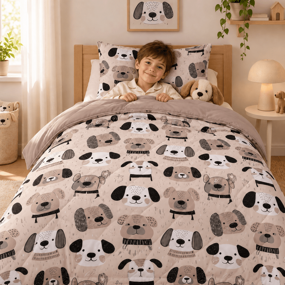 Kinderdekbed en Overtrek in 1 – Hondjes Taupe – 140 x 200 cm met Kussensloop – Sleeptime - Dromen & Wonen