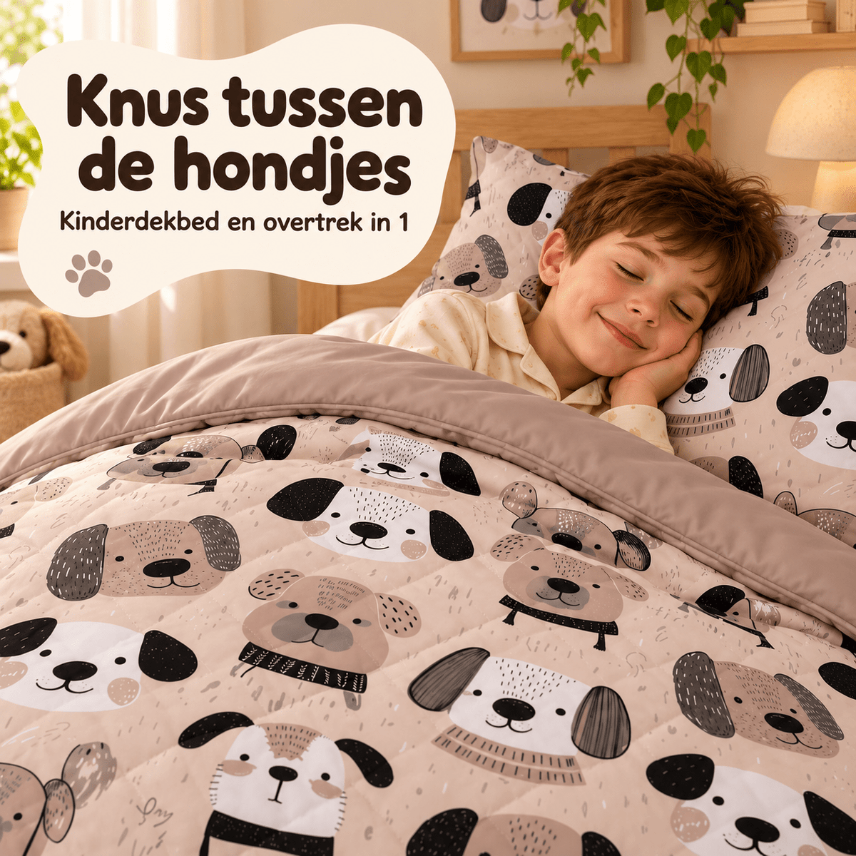 Kinderdekbed en Overtrek in 1 – Hondjes Taupe – 140 x 200 cm met Kussensloop – Sleeptime - Dromen & Wonen