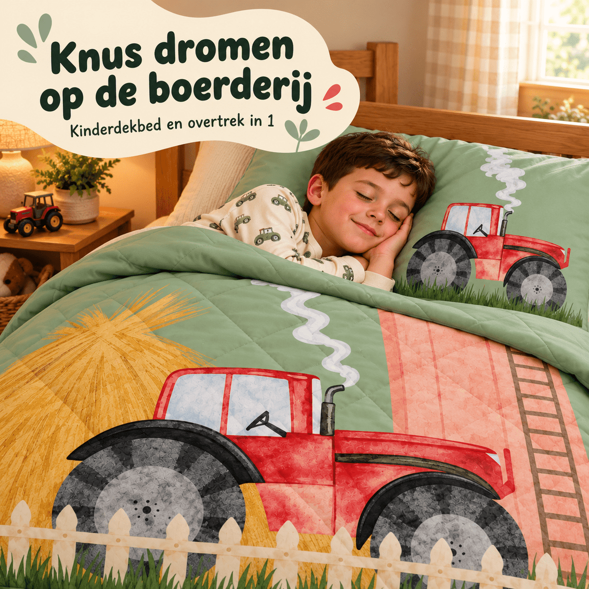 Kinderdekbed en Overtrek in 1 – Traktor Groen – 140 x 200 cm met Kussensloop – Sleeptime - Dromen & Wonen