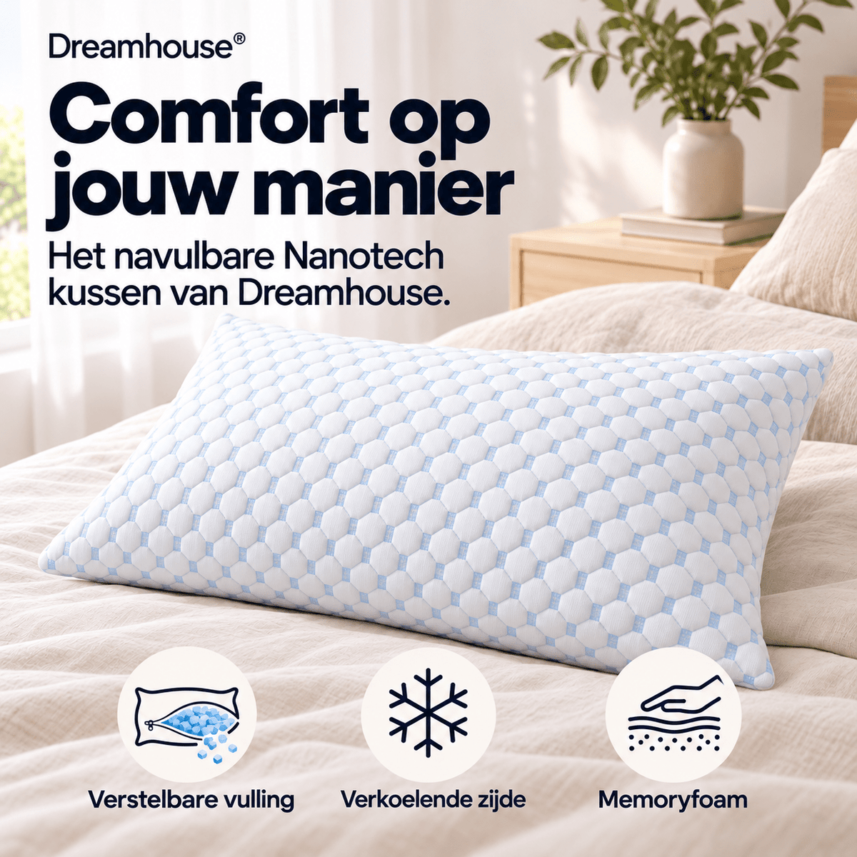 Memory Foam Hoofdkussen 50x70 cm – Verstelbare Vulling – Verkoelend Blue Cell – Dreamhouse Nanotech - Dromen & Wonen