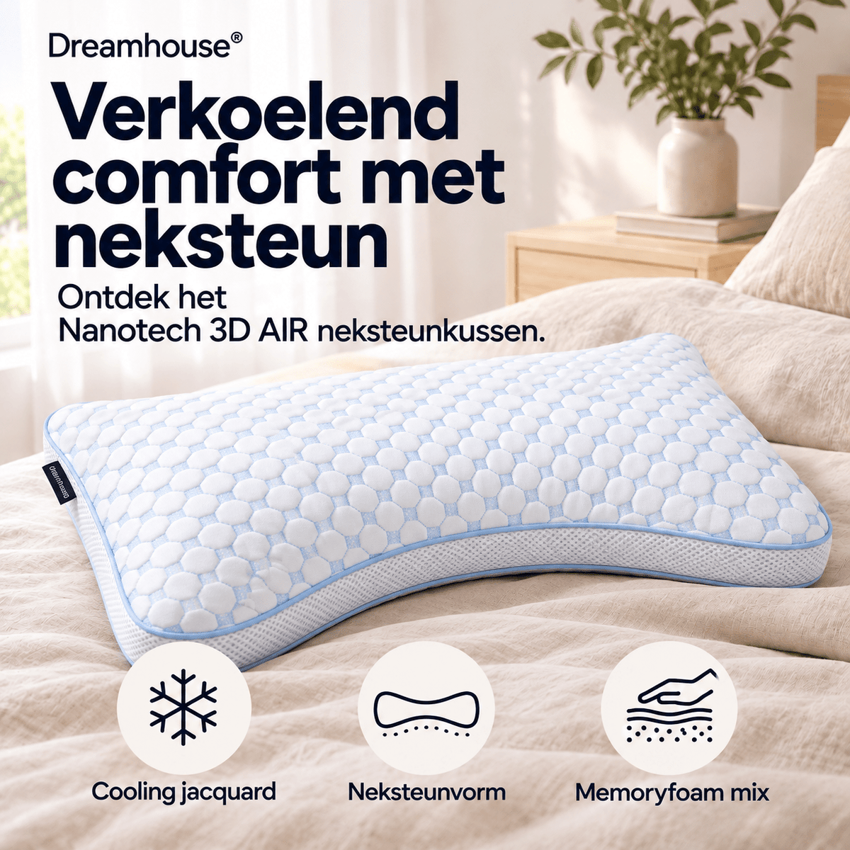 Neksteun Hoofdkussen 50x70 cm – Met Schouderuitsparing – Verkoelend Memory Foam – Dreamhouse Nanotech - Dromen & Wonen