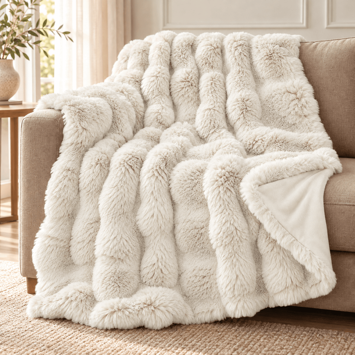 Plaid Imitatiebont Beige 150x200 cm – Fluffy Faux Fur Deken met Velvet Achterzijde – Primaviera Deluxe - Dromen & Wonen
