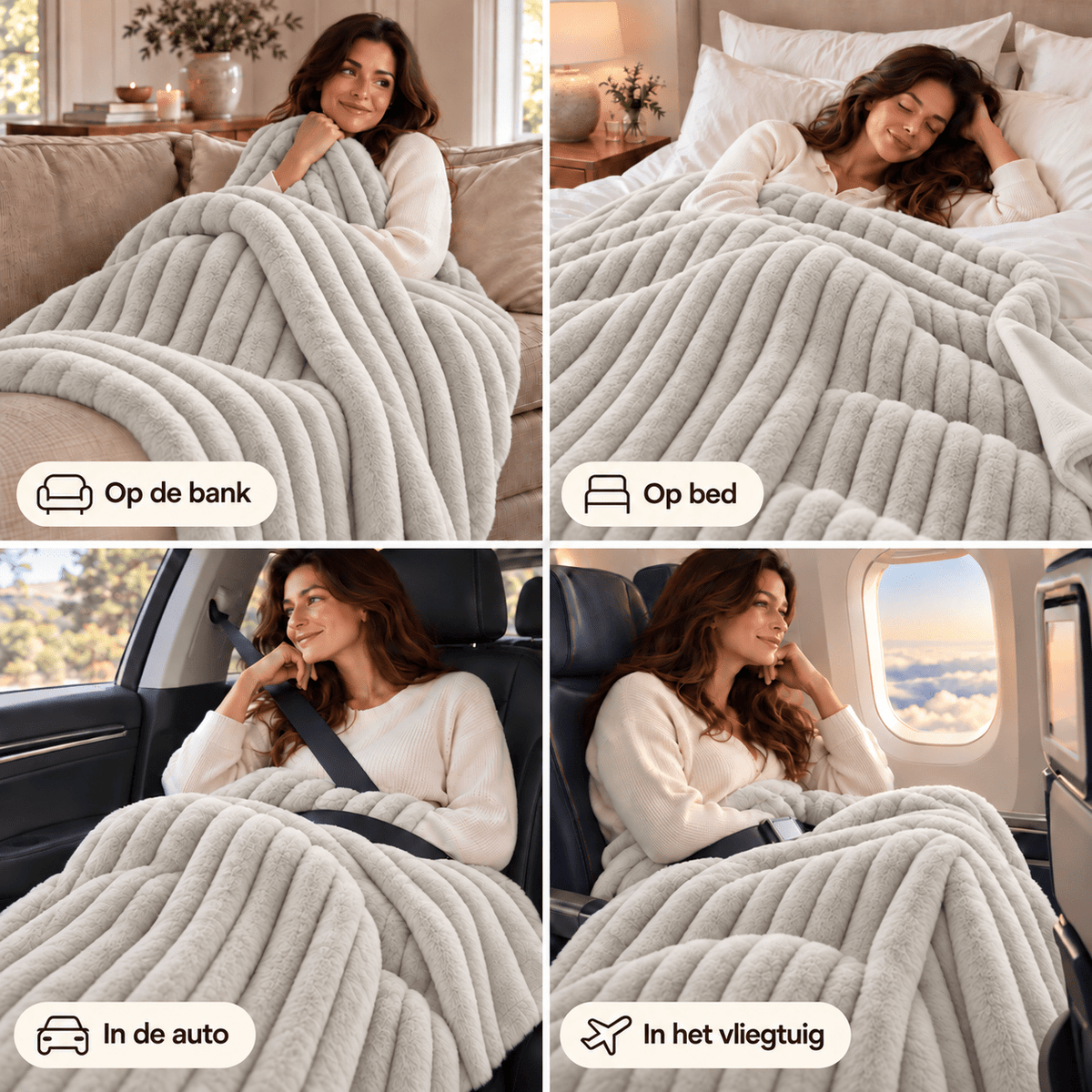Plaid Imitatiebont Ecru – Fluffy Faux Fur Deken met Ribstructuur – Primaviera Deluxe - Dromen & Wonen