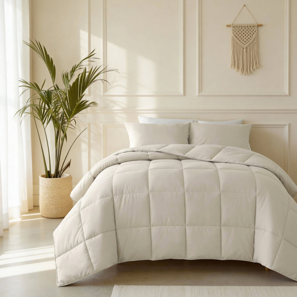 Beige Perkal Hotel dekbed op een bed in een lichte slaapkamer