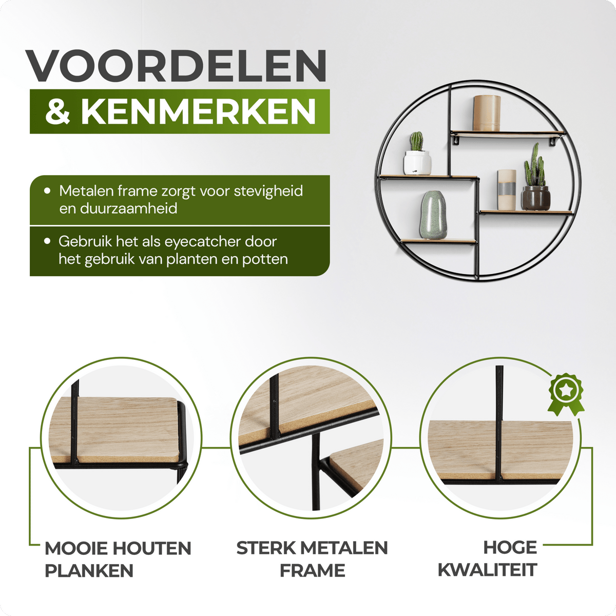 Rond Wandrek 55 cm – Hout & Zwart Metaal – Industrieel – Intimo Living - Dromen & Wonen