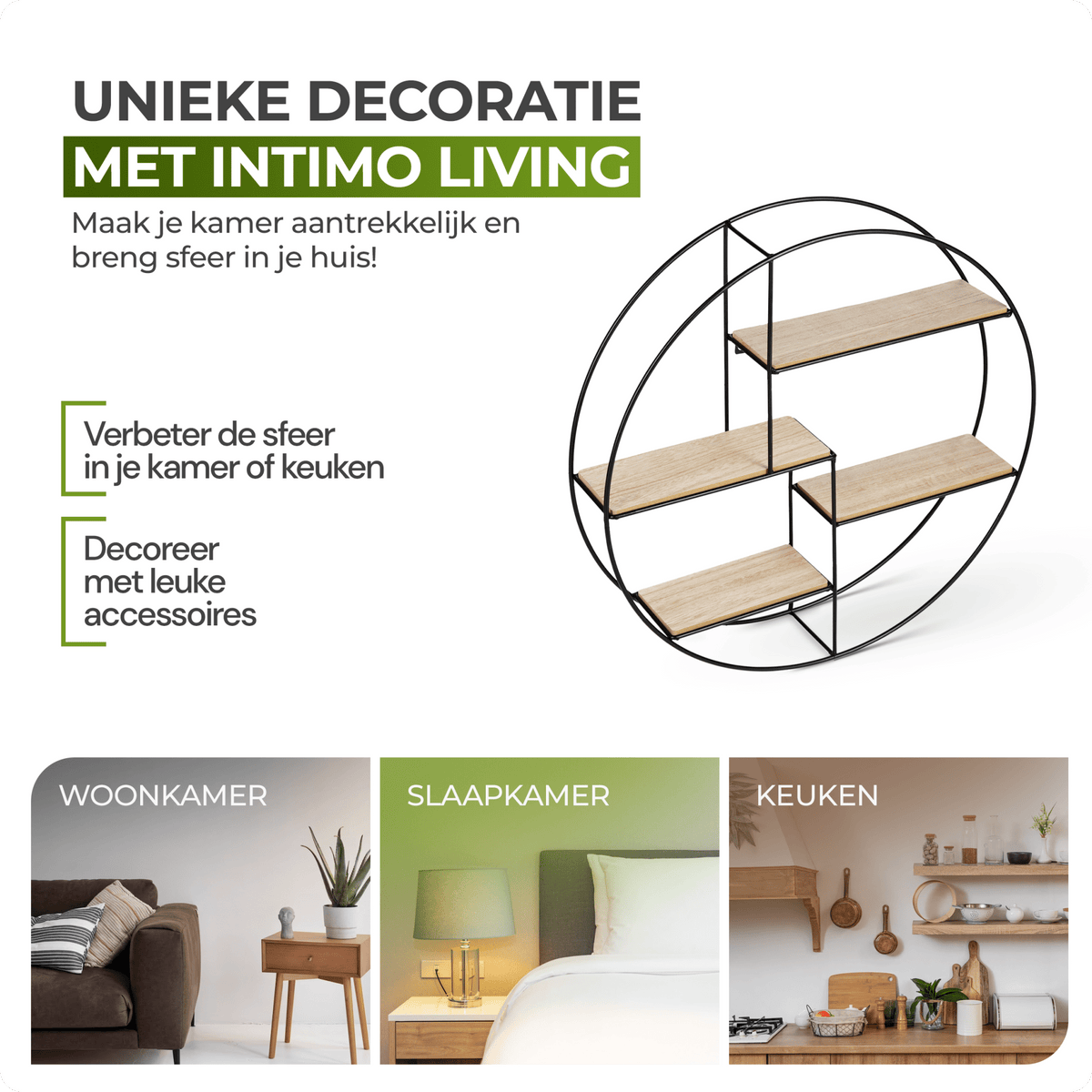 Rond Wandrek 55 cm – Hout & Zwart Metaal – Industrieel – Intimo Living - Dromen & Wonen