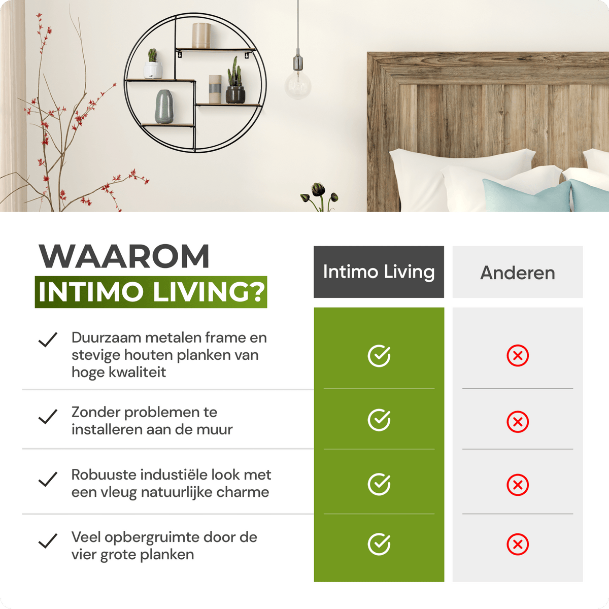 Rond Wandrek 55 cm – Hout & Zwart Metaal – Industrieel – Intimo Living - Dromen & Wonen