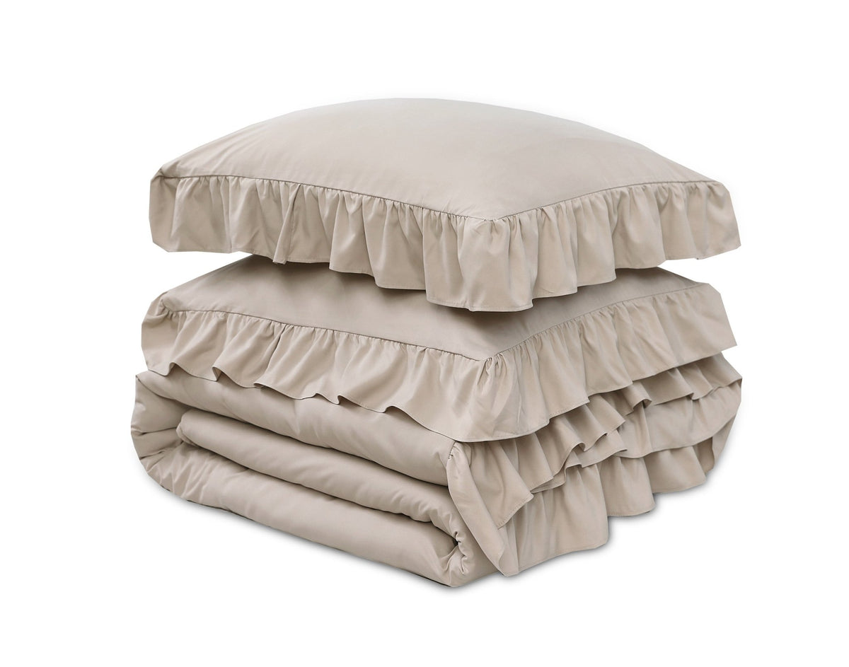 Ruches Dekbedovertrek Taupe – Ruffles – Zacht Microvezel met Kussenslopen – Sleeptime - Dromen & Wonen