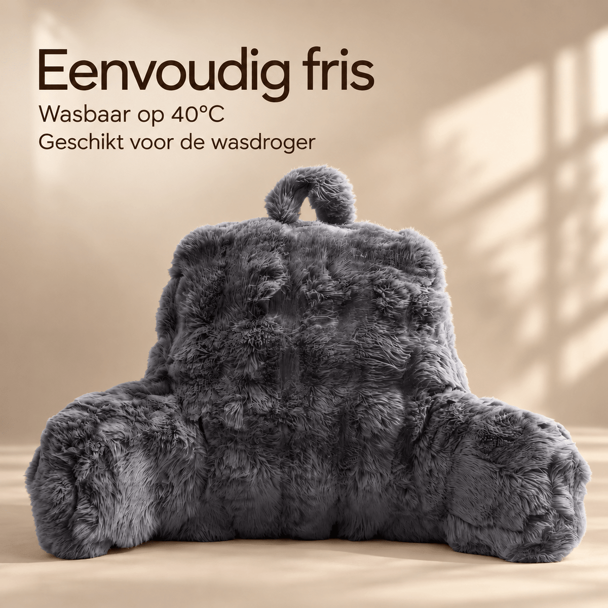 Rugsteunkussen voor Bed Antraciet – Faux Fur Leeskussen met Pompom – 34x50 cm – Primaviera Deluxe - Dromen & Wonen