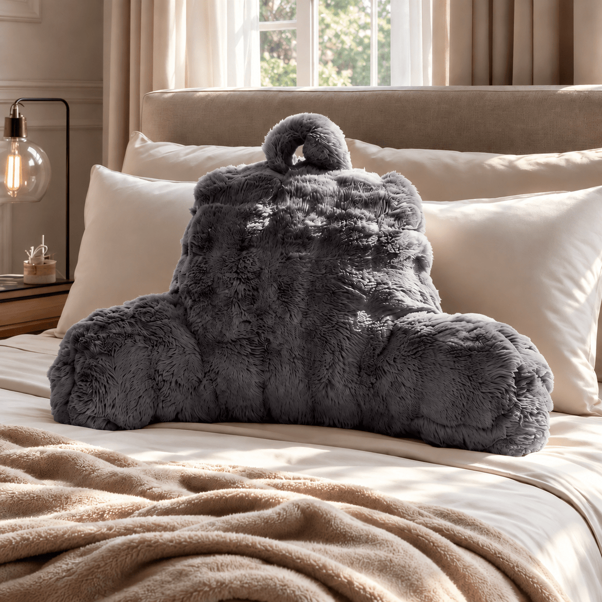 Rugsteunkussen voor Bed Antraciet – Faux Fur Leeskussen met Pompom – 34x50 cm – Primaviera Deluxe - Dromen & Wonen