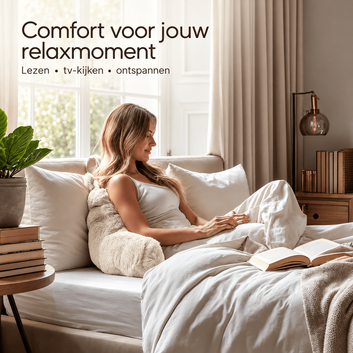 Rugsteunkussen voor Bed Beige – Faux Fur Leeskussen met Pompom – 34x50 cm – Primaviera Deluxe - Dromen & Wonen