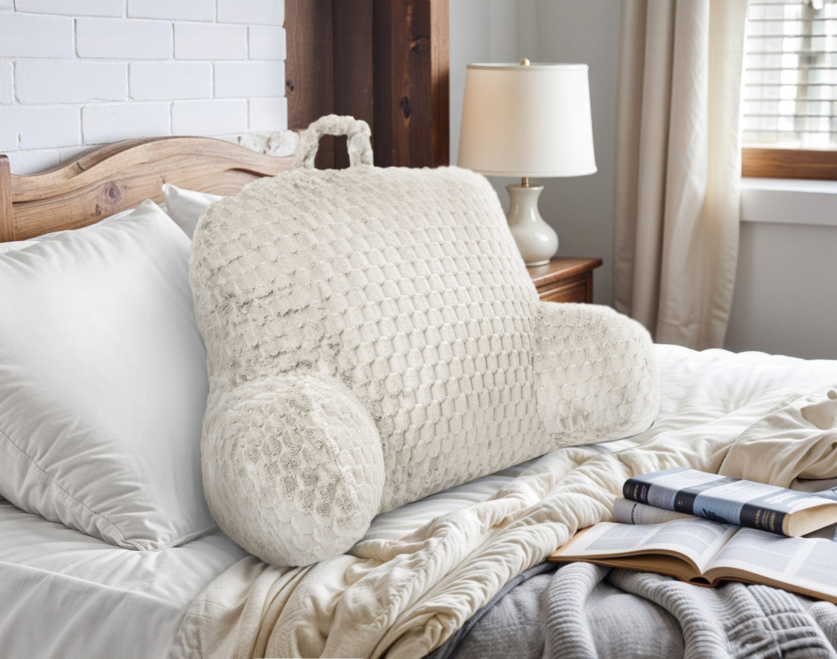 Rugsteunkussen voor Bed Creme – Jacquard Flanel Leeskussen met Armleuningen – 34x50 cm – Sleeptime - Dromen & Wonen