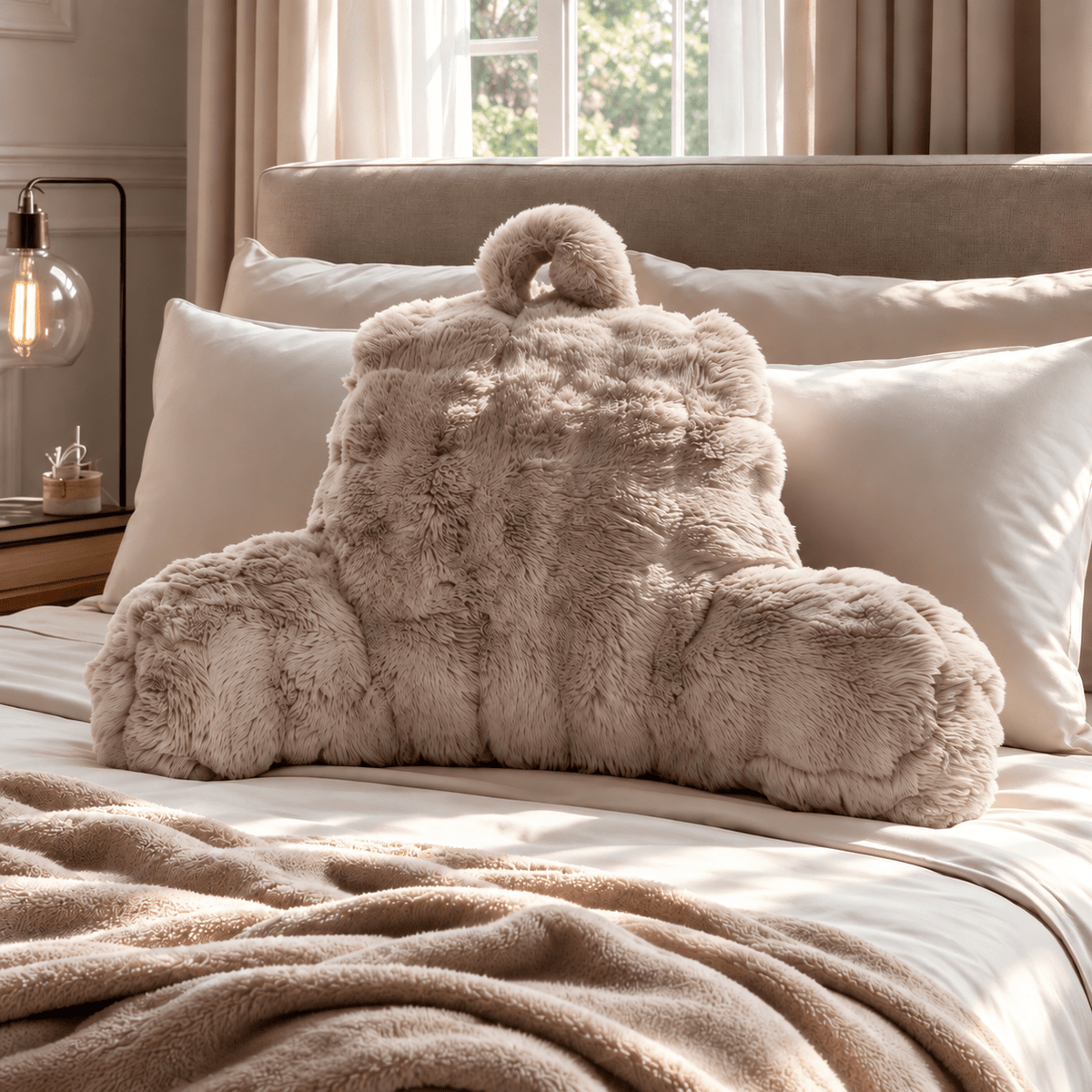 Rugsteunkussen voor Bed Taupe – Faux Fur Leeskussen met Pompom – 34x50 cm – Primaviera Deluxe - Dromen & Wonen