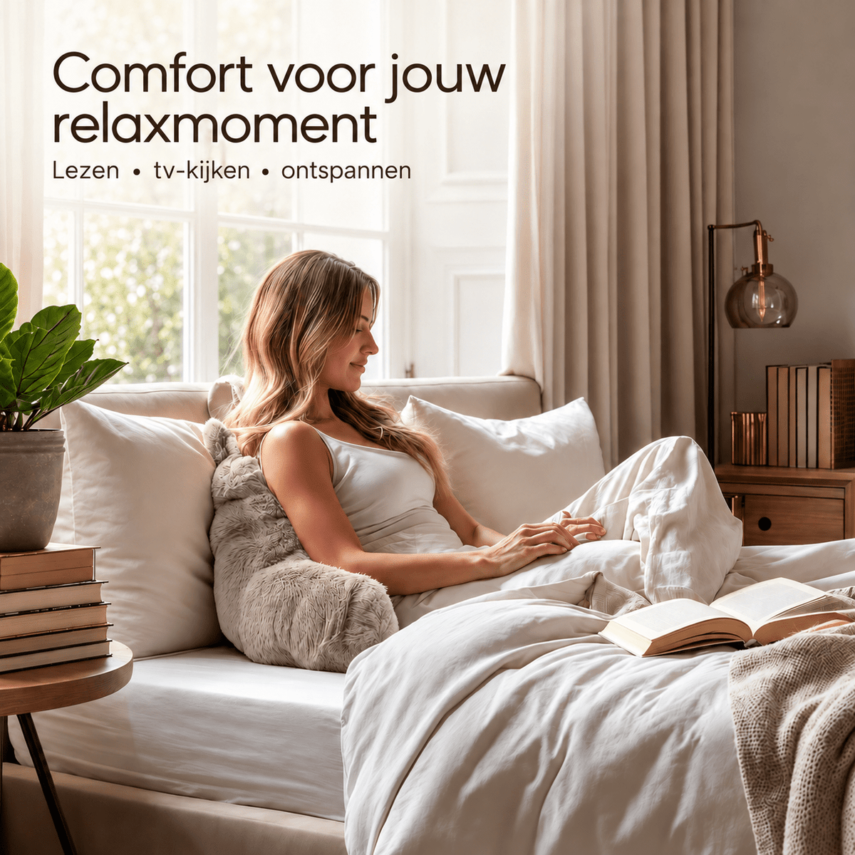 Rugsteunkussen voor Bed Taupe – Faux Fur Leeskussen met Pompom – 34x50 cm – Primaviera Deluxe - Dromen & Wonen