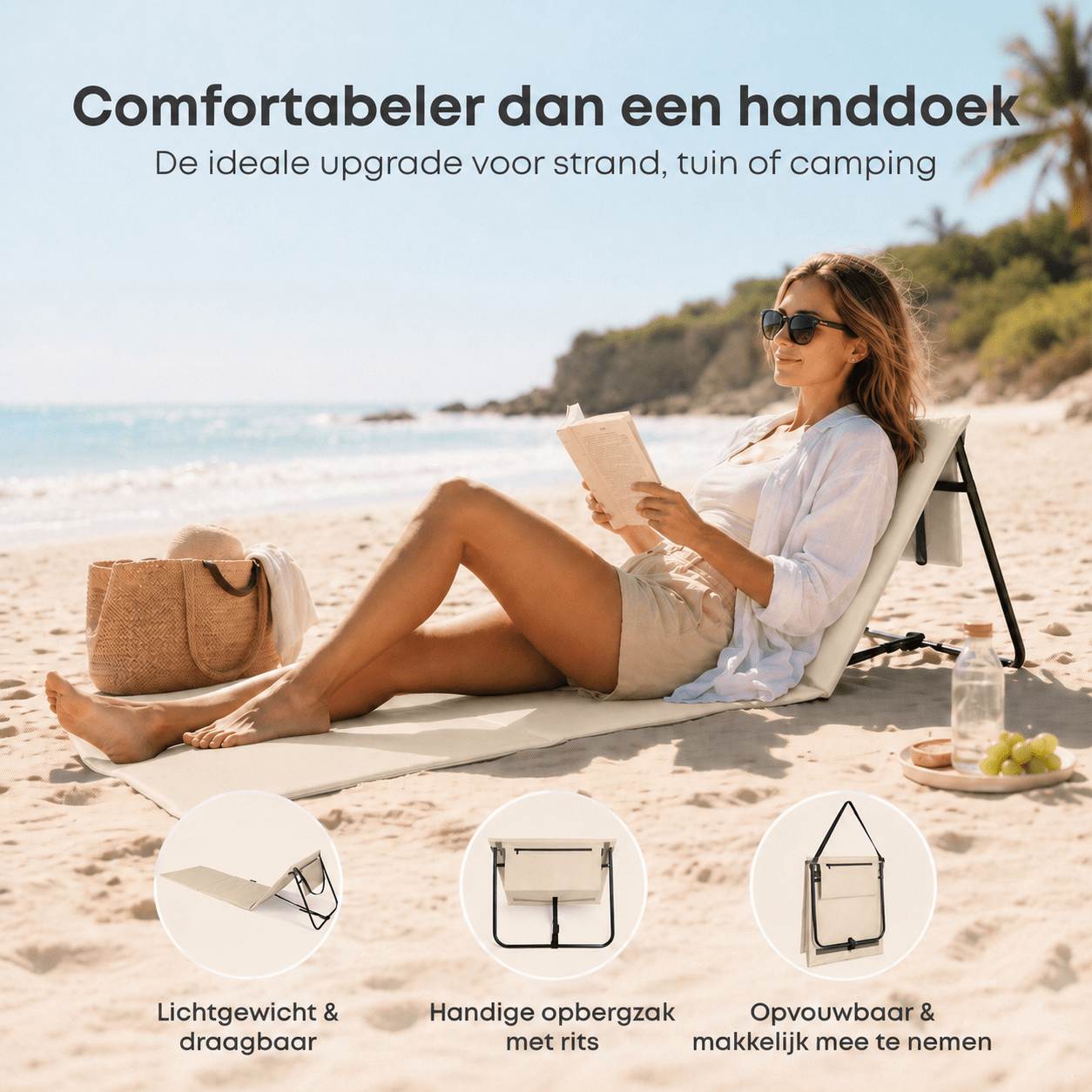 Strandmat 2 - Pack – Verstelbare Ligmat met Rugleuning – Beige - Intimo Living - Dromen & Wonen