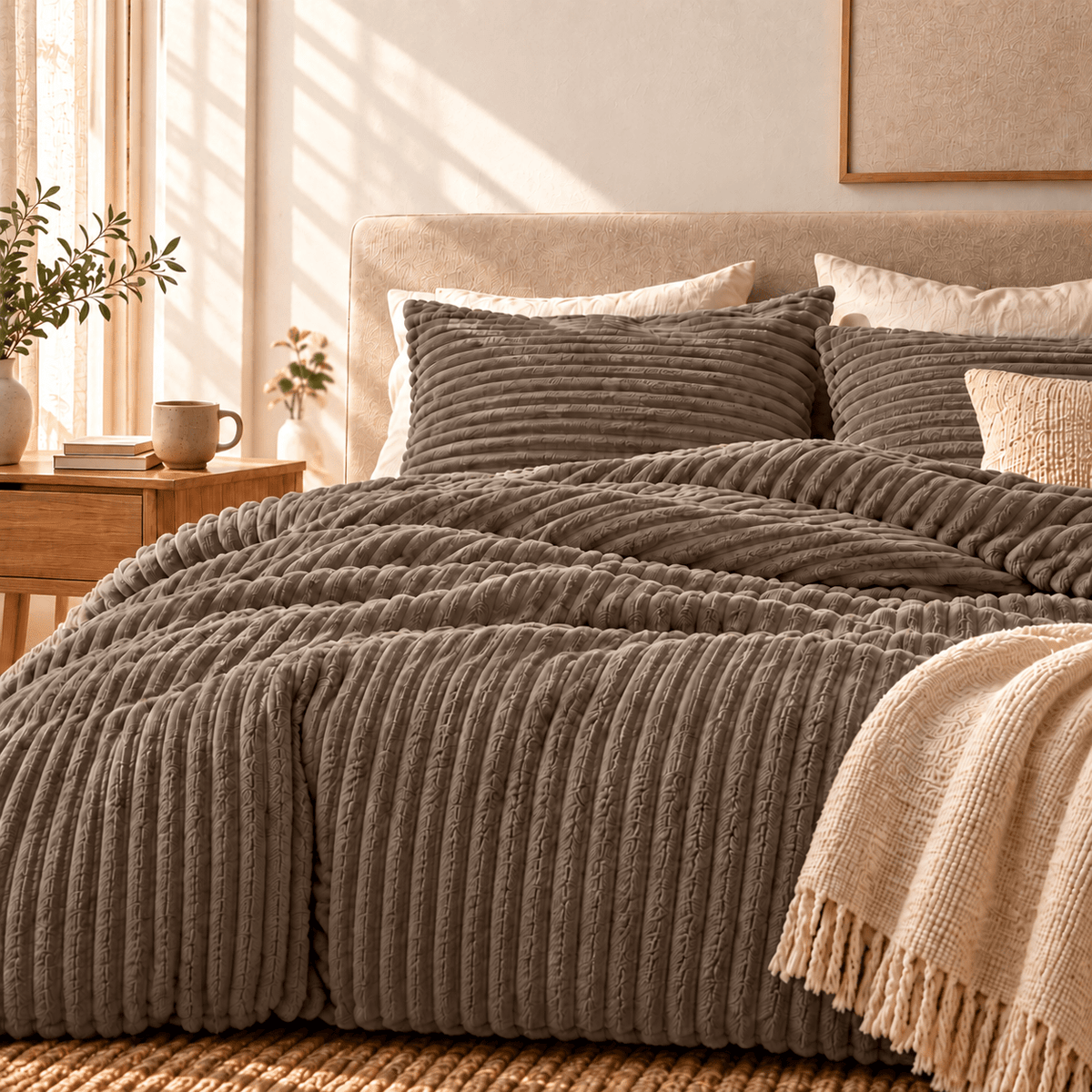 Teddy Dekbedovertrek Taupe – Warm Rib Teddy Fleece met Kussenslopen – Sleeptime - Dromen & Wonen